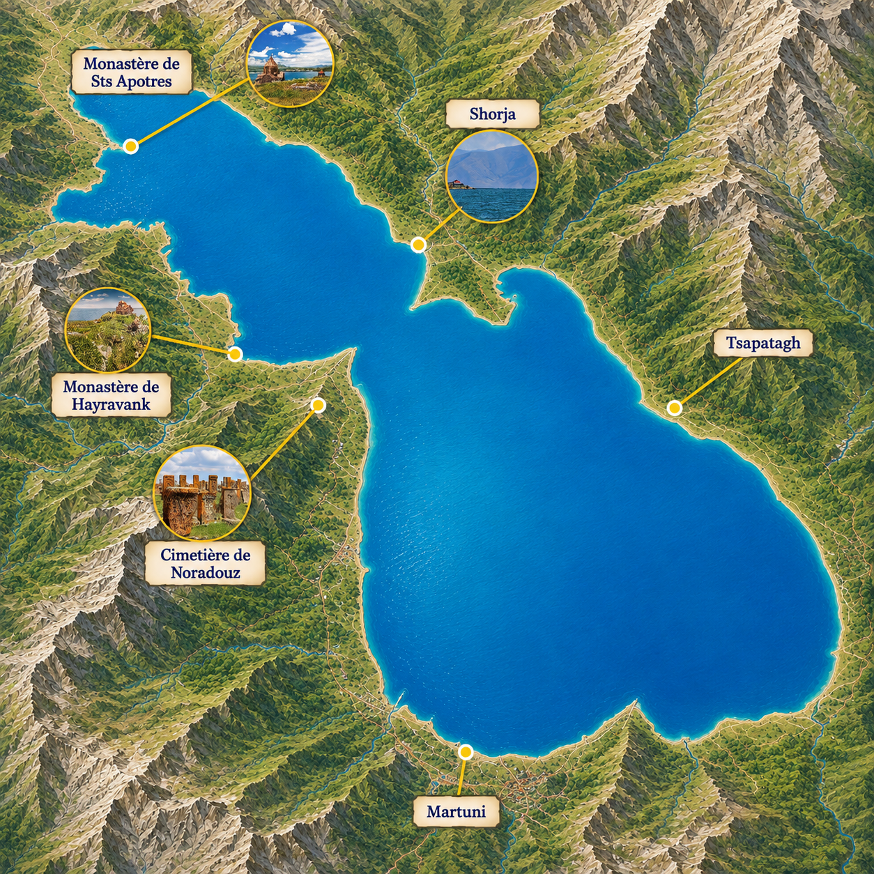 Carte du lac Sevan avec l'emplacement et le nom de chaque site à visiter