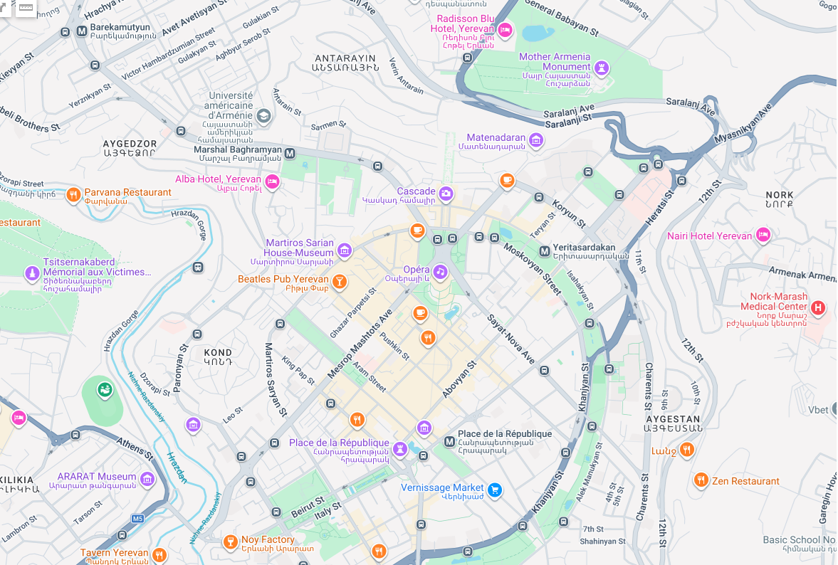 Plan de la ville d'Erevan avec le centre et les alentours