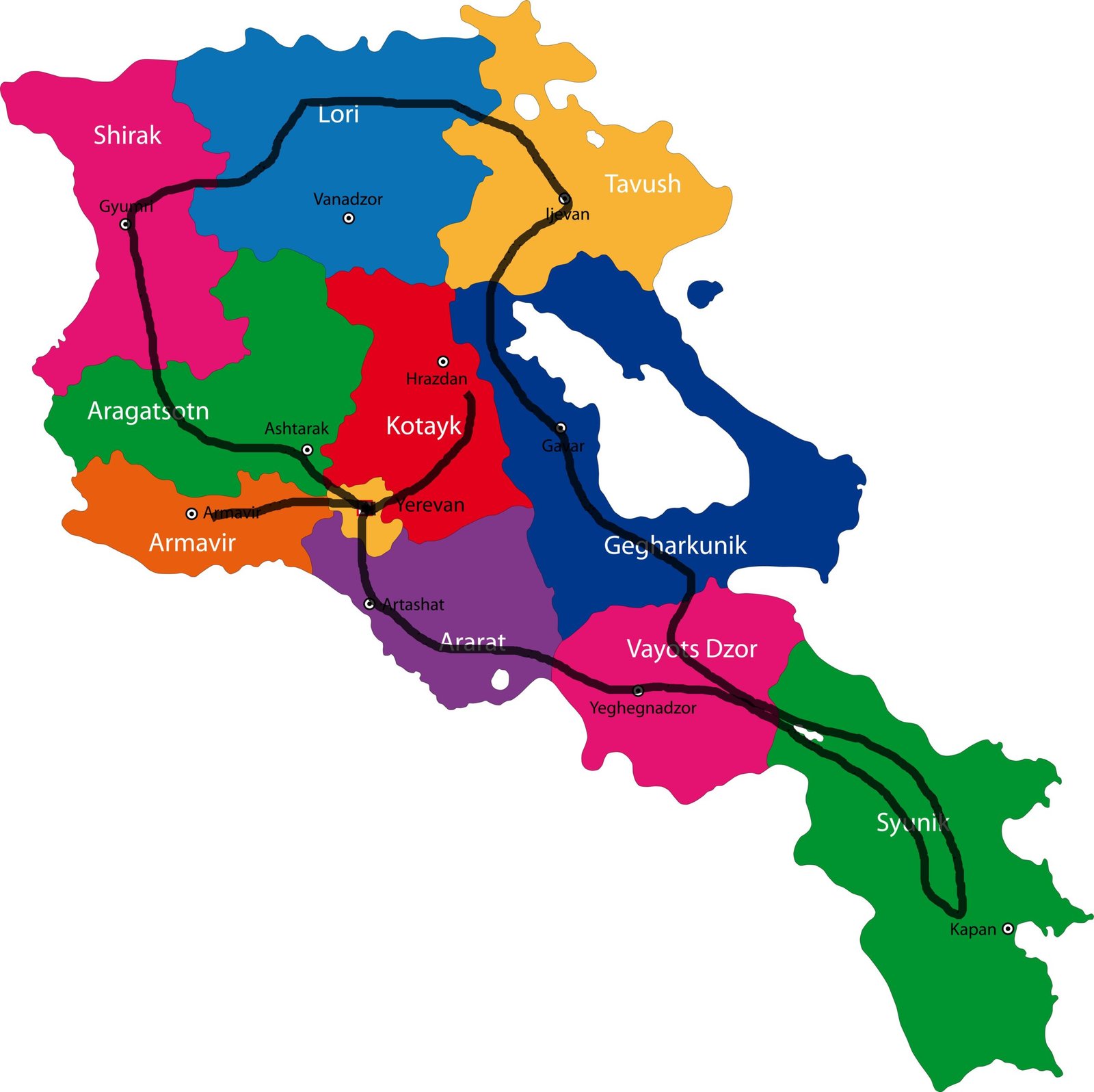 Carte d'Arménie avec itinéraire de 15 jours